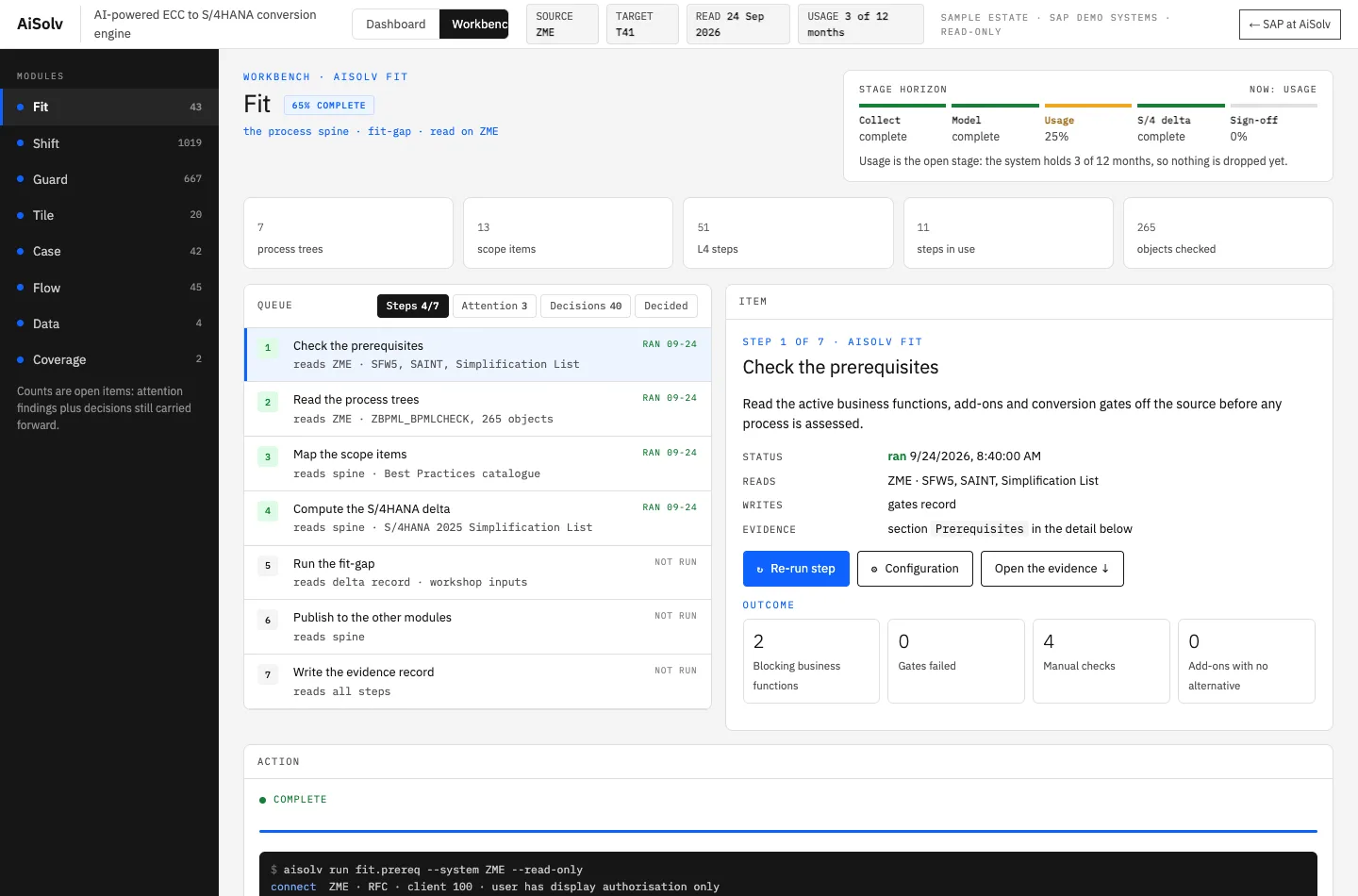 AISOLV workbench showing the Fit module queue, step evidence and stage horizon