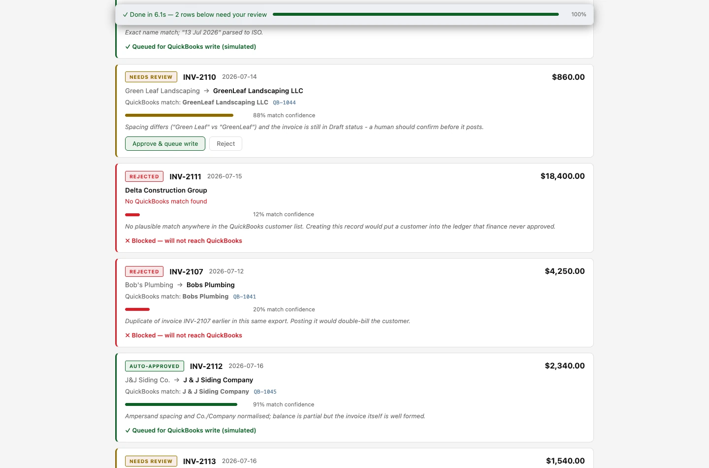 AiSolv workflow demo showing invoice extraction, contract checks, an approval gate, and an audit trail