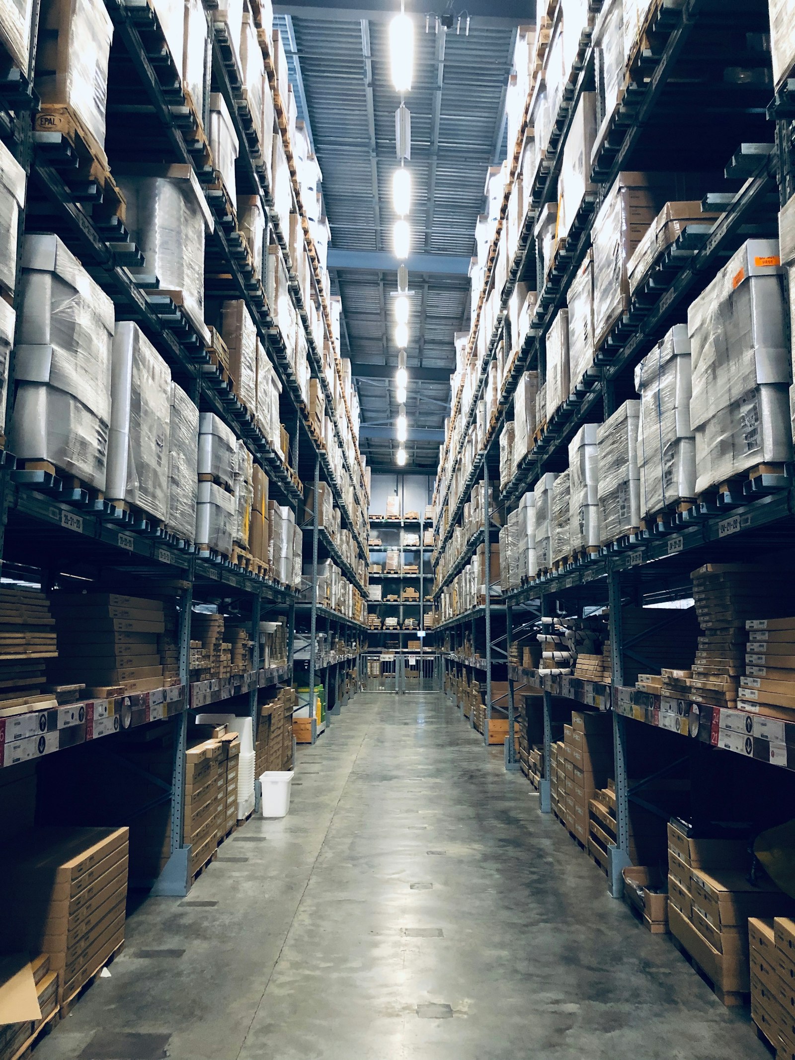 Shelves of inventory in a distribution warehouse